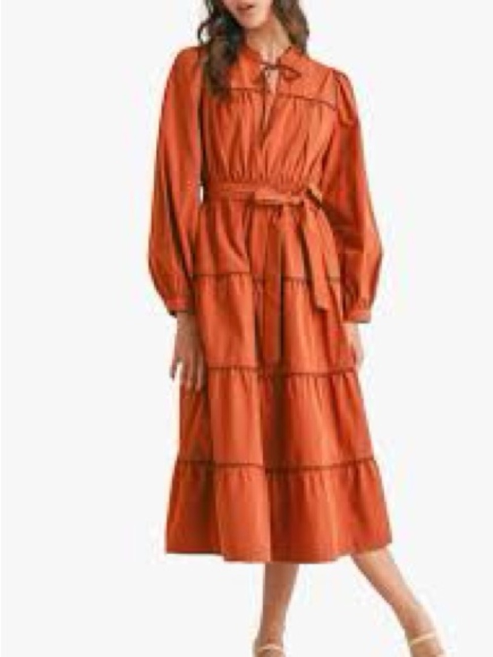Button-Front Tiered Long-Sleeve Midi Dress in Rust